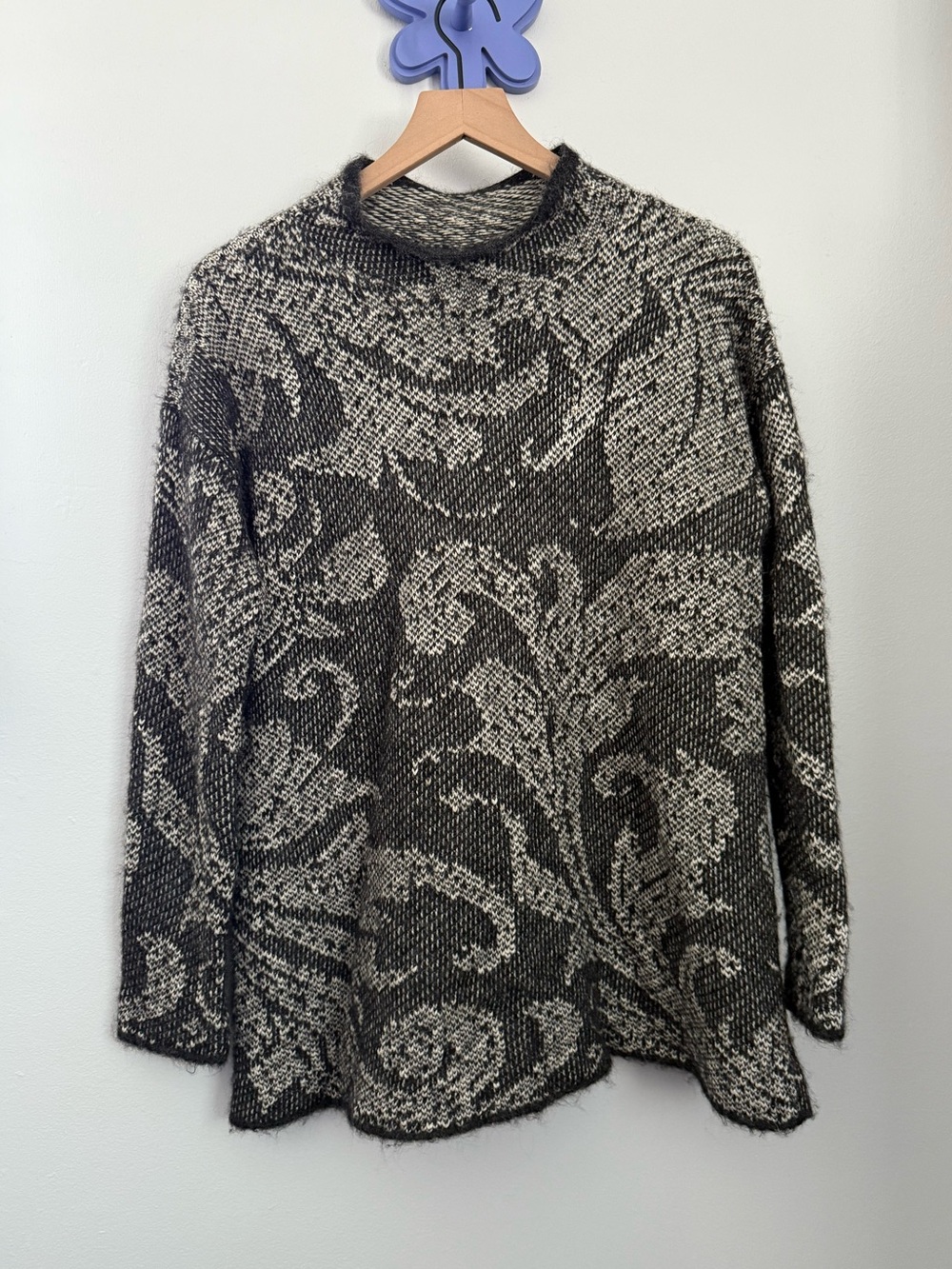 Peruvian Connection Small Alpaca Pima Cotton Floral Sweater Black Relaxed